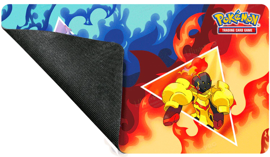 Ultra Pro Pokemon TCG playmat met Armarouge en Ceruledge afgebeeld. Een deel is omgevouwen zodat de rubberen achterkant zichtbaar is. Te kopen bij Spellcast.