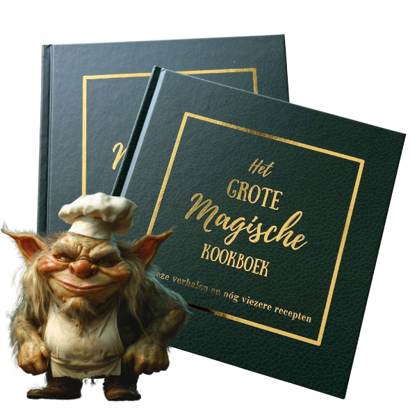 Front cover van het grote magische kookboek met een behaarde trol met koksmuts en schort aan.