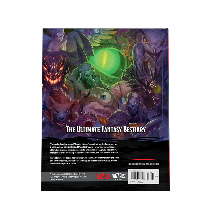 Achterkant Monster Manual 2024 van Dungeons and Dragons met een magische wezens cover The Ultimate Fantasy Bestiary!