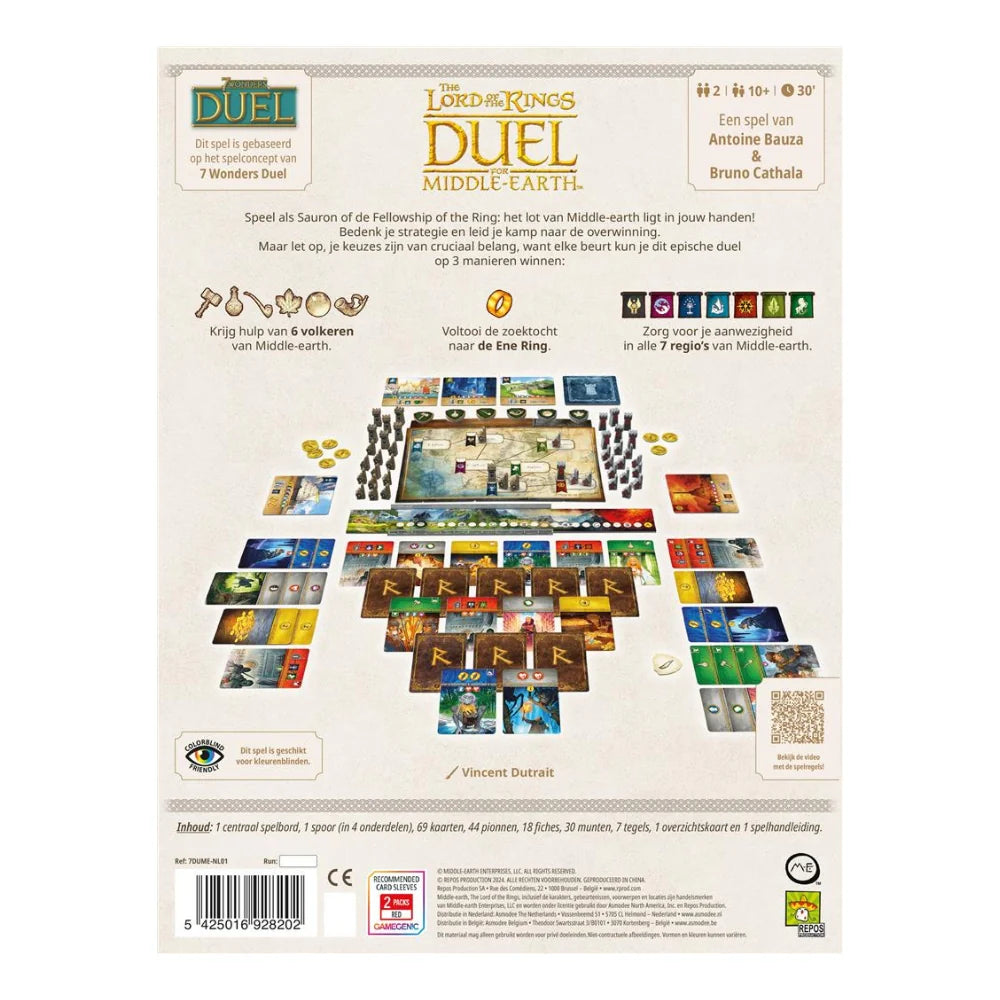 Bord en kaartspel: The lord of the Rings DUEL for Middle Earth box. Met op de achterkant het spel afgebeeld. Te kopen bij Spellcast.