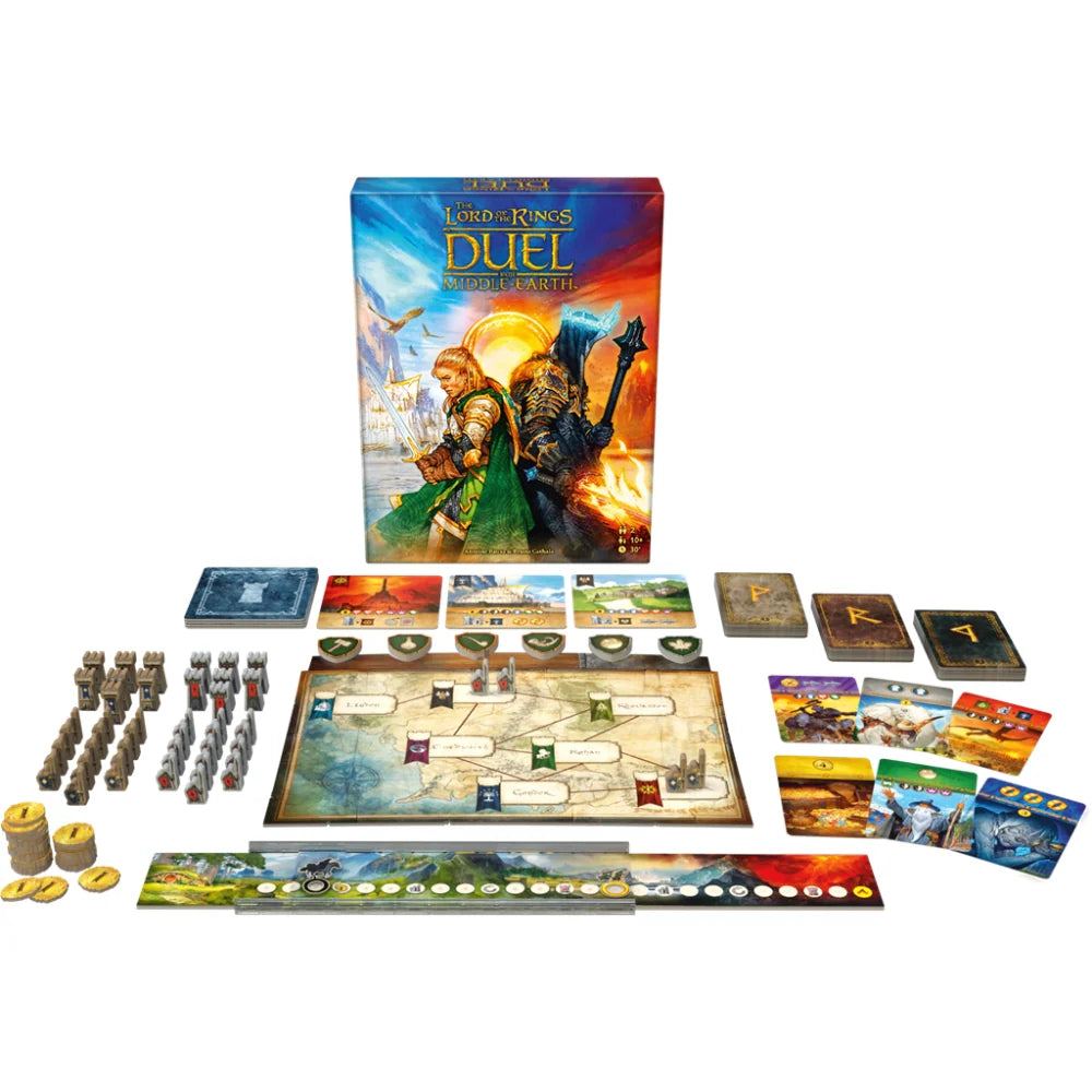 Bord en kaartspel: The lord of the Rings DUEL for Middle Earth. Op de afbeelding zijn alle spelstukken te zien. Te kopen bij Spellcast.