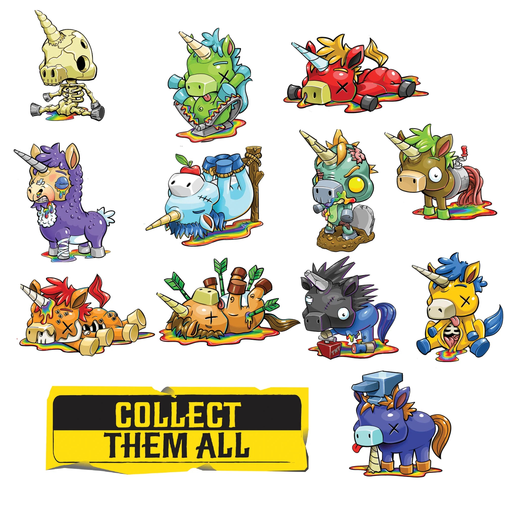 Afbeelding met alle RIP rainbows in pieces collectible vinyl figures. Spaar ze allemaal bij Spellcast.