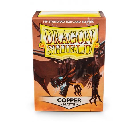 Dragon Shield sleeves matte in de kleur copper koper. Er staat een draak op de verpakking. Te kopen bij Spellcast.