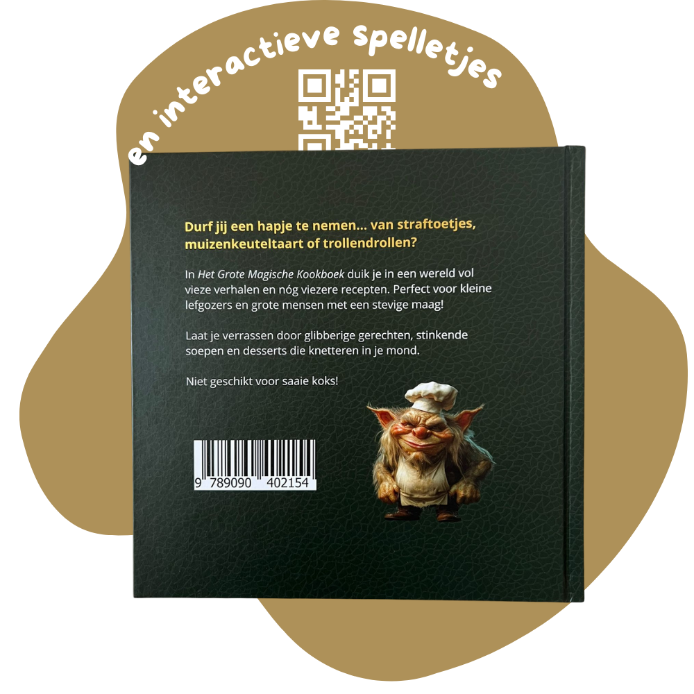 De achterkant van het grote magische kookboek met de tekst: Interactieve spelletjes erboven en een behaarde trol met koksmuts en schort aan.