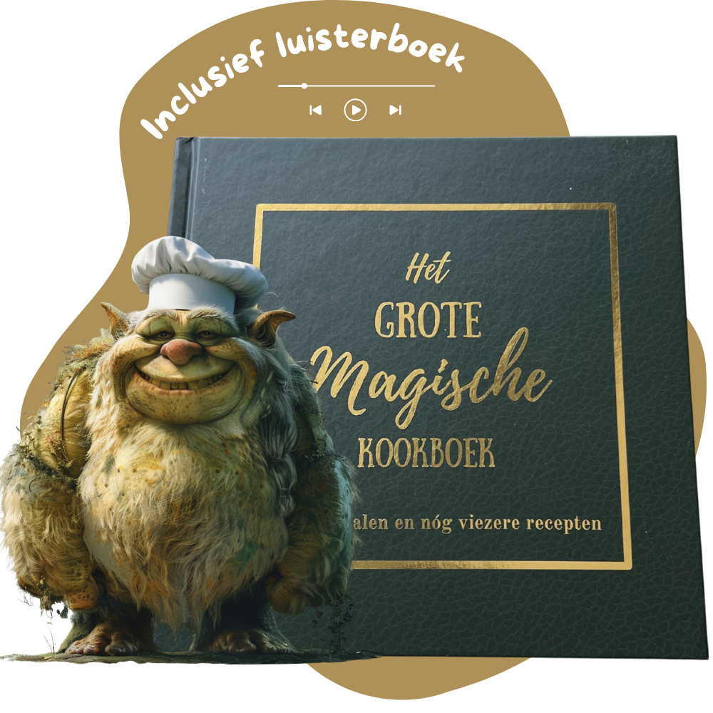 Het grote magische kookboek front cover met de tekst inclusief luisterboek erboven en een behaarde trol met een koksmuts op