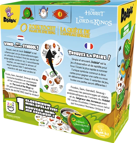 Achterkant van het leukste kaartspel: Dobble de Lord of the Rings en Hobbit editie. Te kopen bij Spellcast.