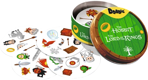 Inhoud van leukste kaartspel: Dobble de Lord of the Rings en Hobbit editie. Op de speelkaarten staan illustraties uit de franchise.