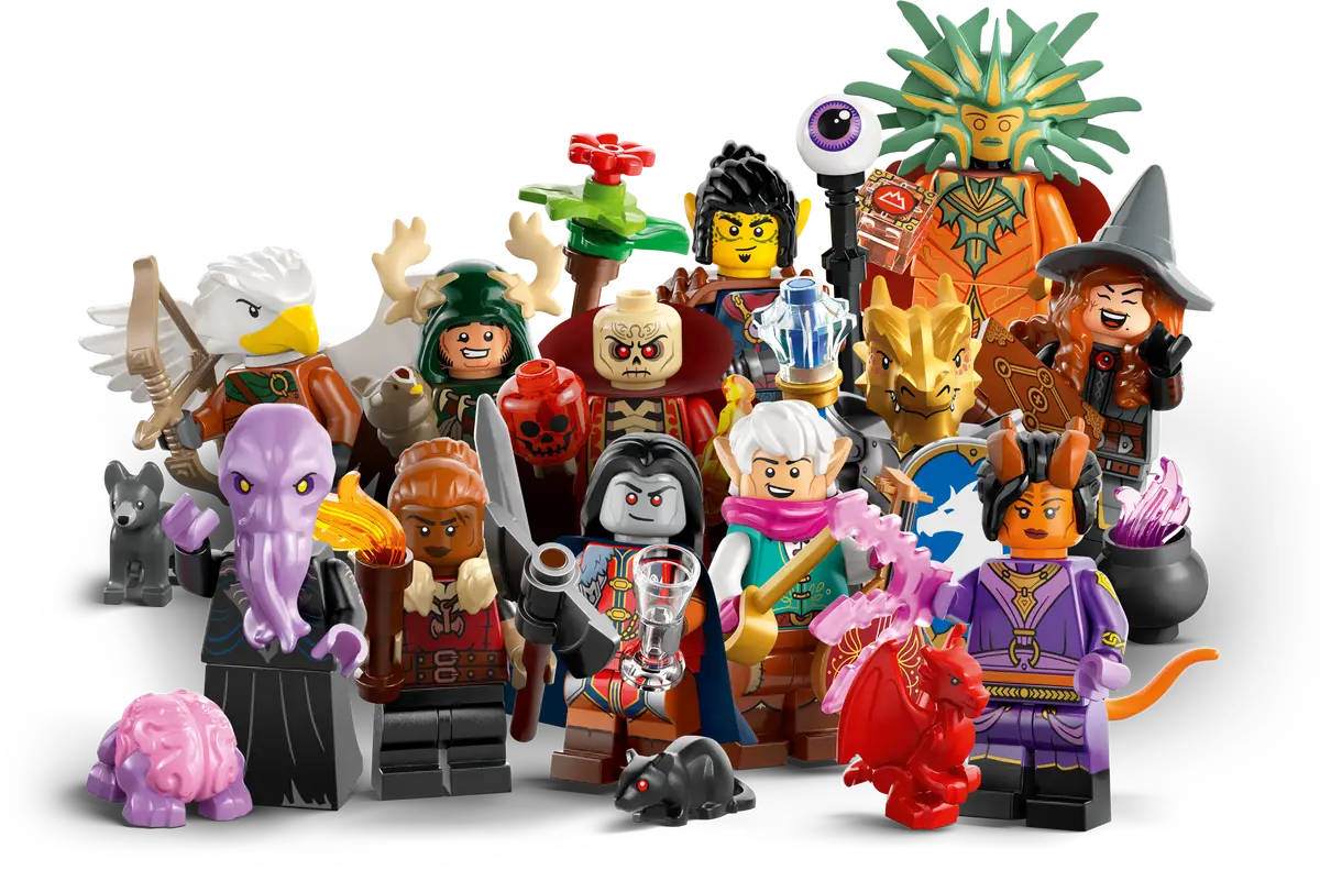 Lego Dungeons & Dragons collectible minifiguren. Set van 12 verschillende, waaronder een Dragonborn paladin en een dwarven barbarian.