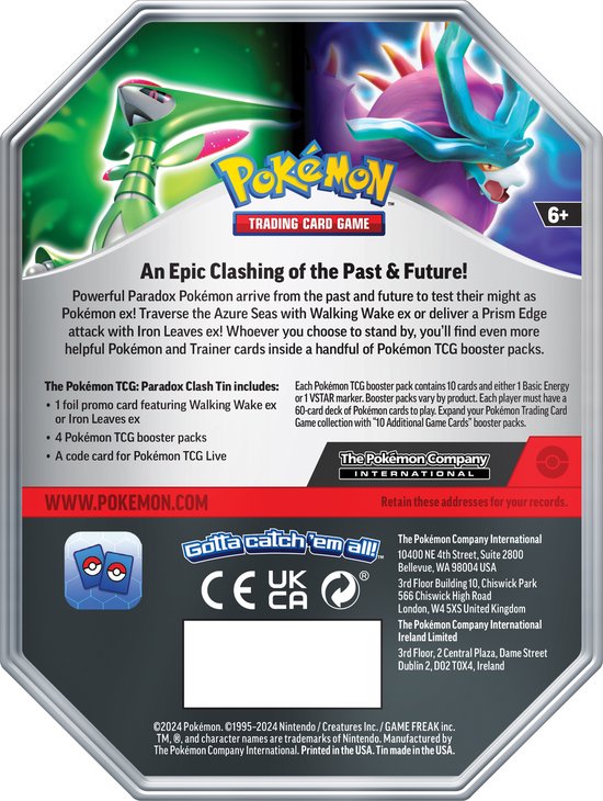 Achterkant van de Pokemon TCG Walking Wake EX tin box. Met walking wake op de voorkant. Te kopen bij Spellcast.
