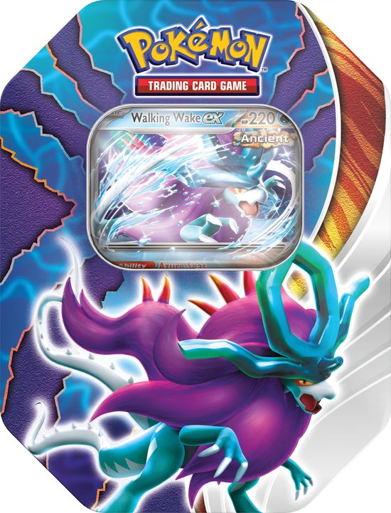 Voorkant van de Pokemon TCG Walking Wake EX tin box. Met walking wake op de voorkant. Te kopen bij Spellcast.