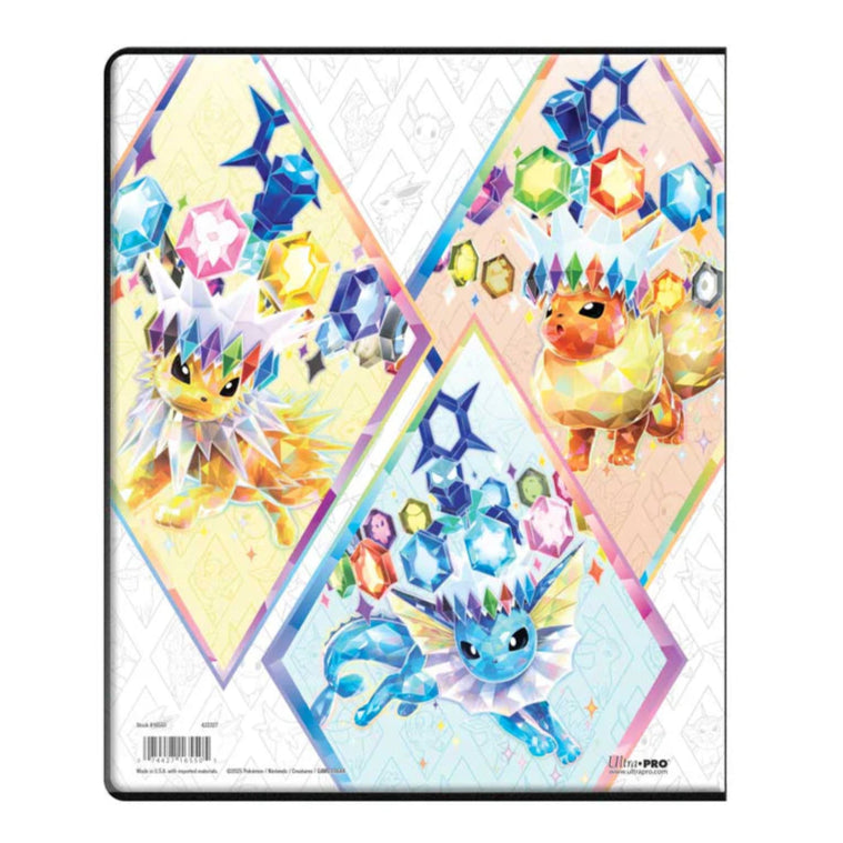 Ultra Pro 9 pocket portfolio met op de achterkant Jolteon, Flareon en Vaporeon in hun Prismetic evolution vorm. Te koop bij Spellcast.