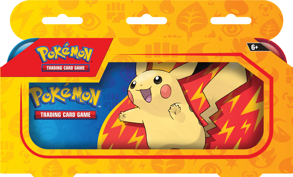 Pokemon TCG pennenblik verpakking met Pokémon kaarten. Pikachu staat op de rood en blauwe voorkant.