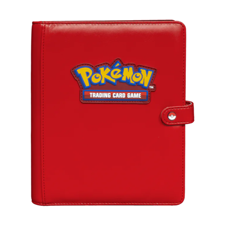 Ultra Pro premium snap binder 4 pocket rood. Vooraanzicht met het Pokemon TCG logo op de voorkant. Te kopen bij Spellcast.